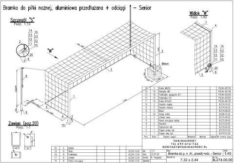 Bramka aluminiowa senior 7,32 x 2,44 m mocowana w tulejach